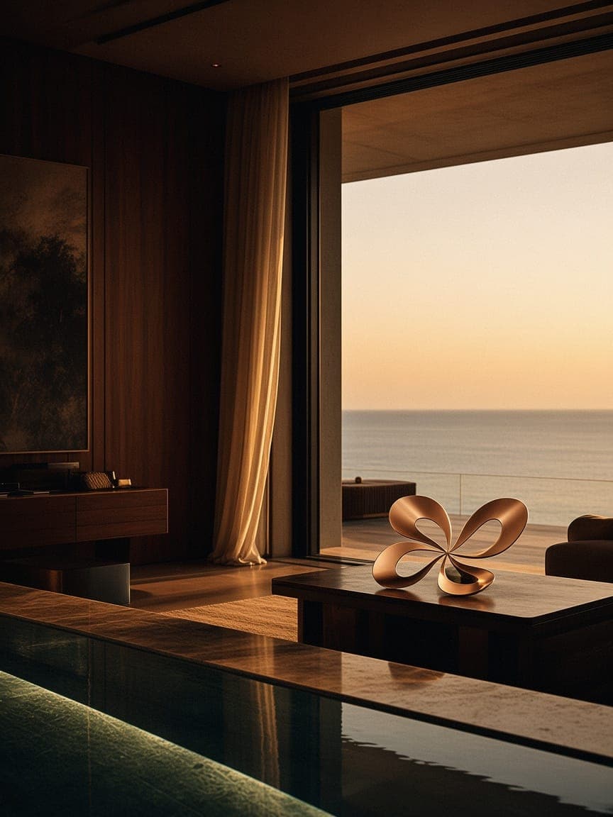 A private suite of dark wood and linen opening onto a warm sea.
