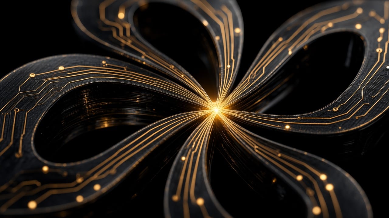 A dark instrument of black metal and gold traces, lit from a warm core.