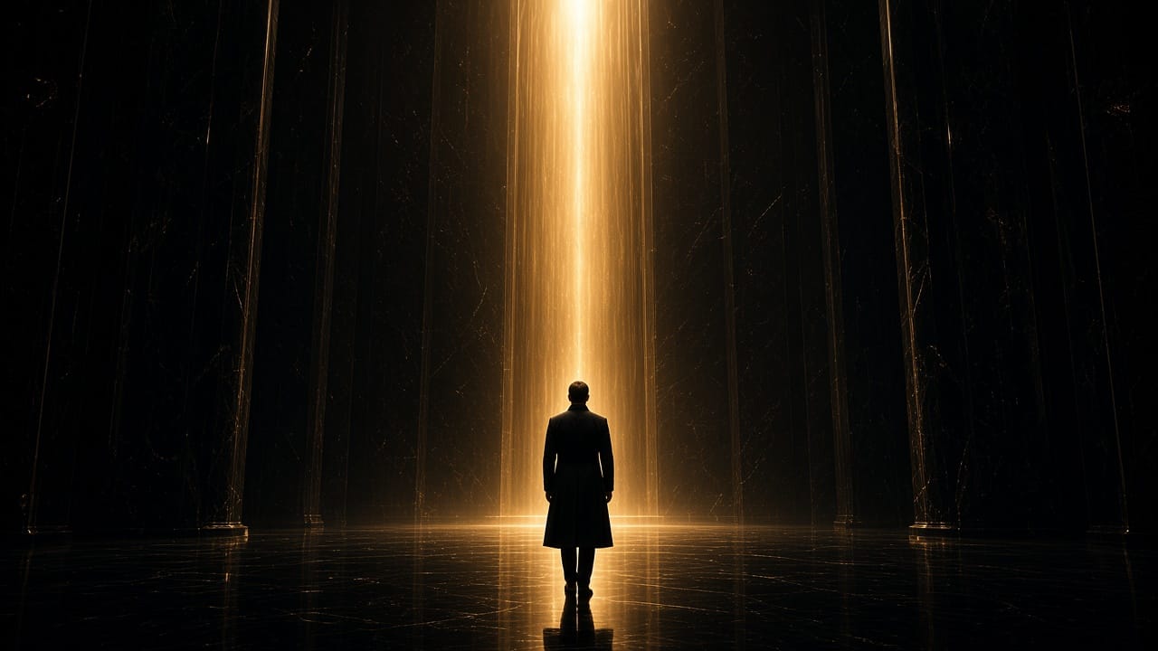 A founder standing before a column of gold light.