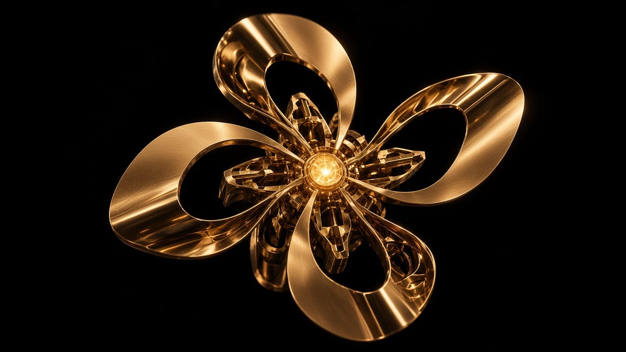 Gold metal components assembling in a black void.