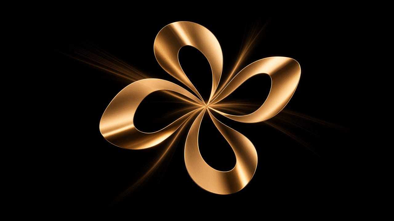 A five-petal gold flower, threads running out into the dark.