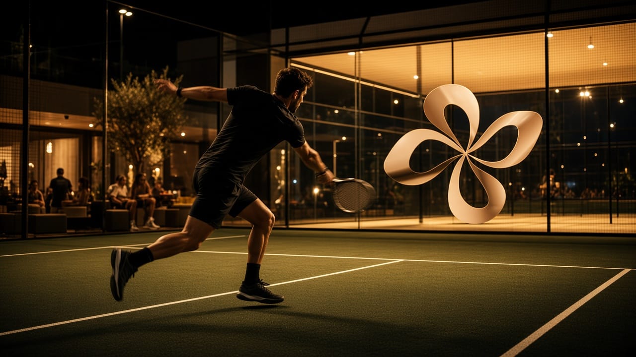 A player mid-swing on an evening court, a padel court glowing behind.