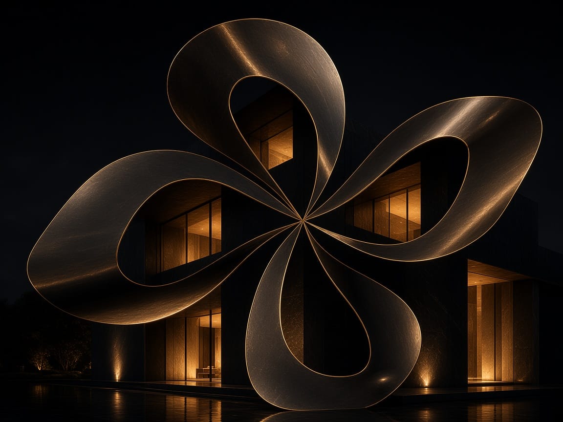 A dark pavilion with gold seams, standing alone at night.