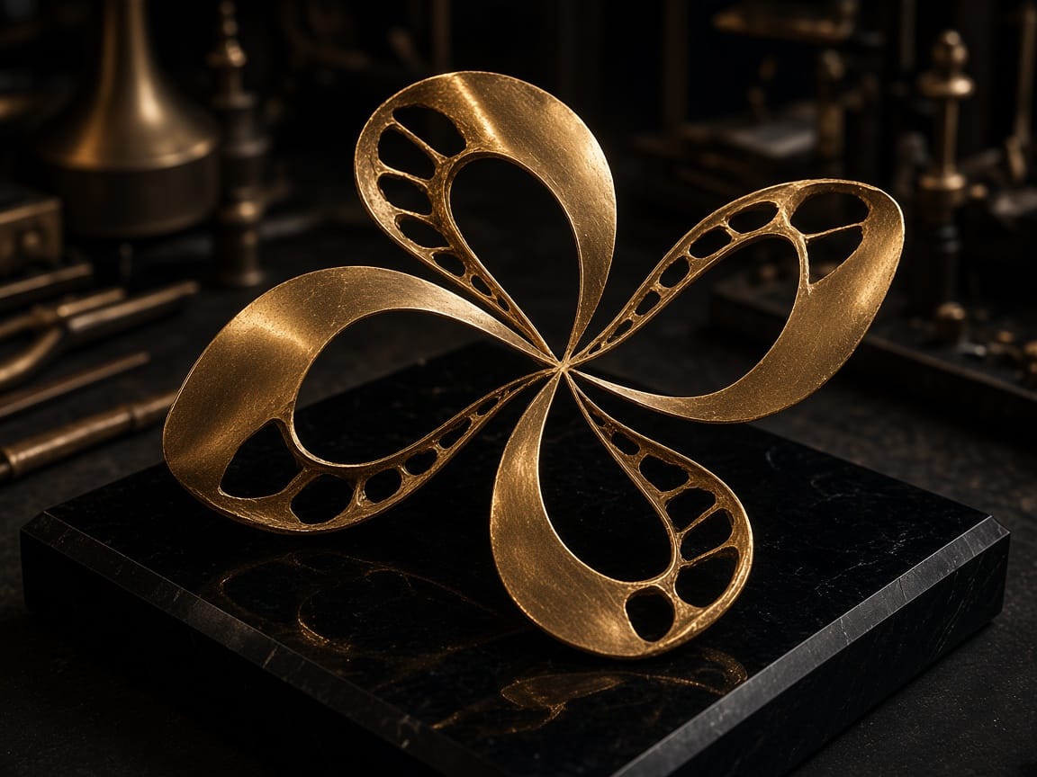 A half-formed gold object on a black plinth.
