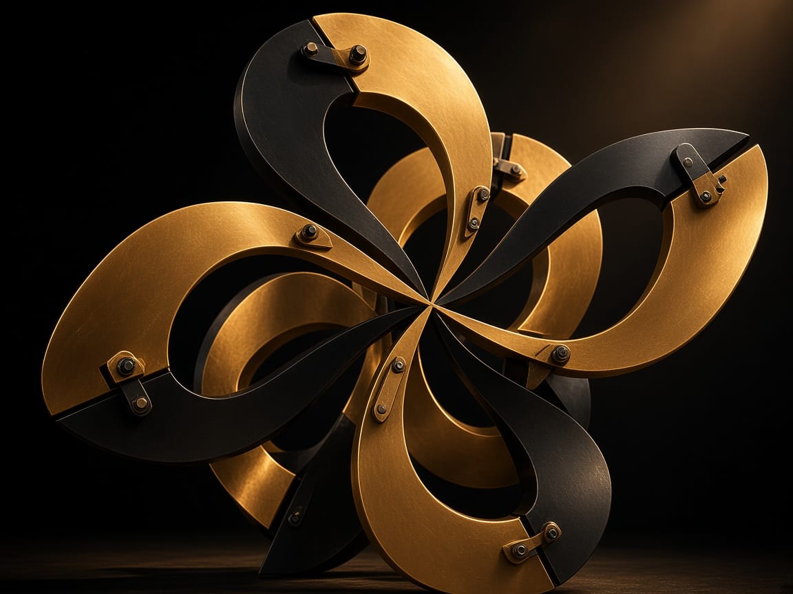 Interlocking gold and black modules forming a system.