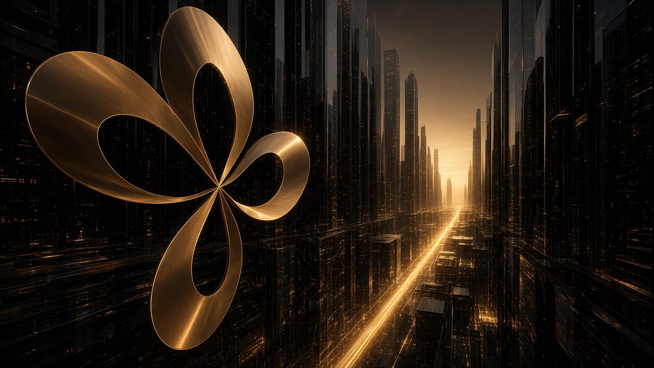 Black towers receding toward a gold horizon, scale without a chart.